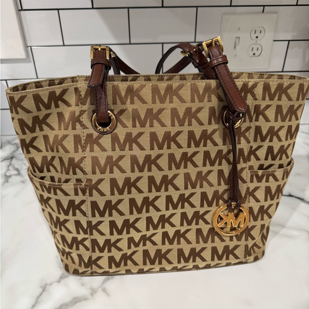 Michael Kors Tan and Brown MK Logo Tote